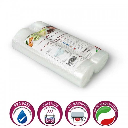 2 rotoli 20 cm x 600 cm di sacchetti sottovuoto goffrati