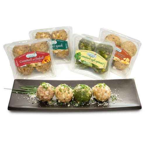 Degustazione di canederli: speck, formaggi, finferli e spinaci