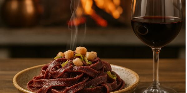 Le ondonelle al Lagrein con pancetta e porro